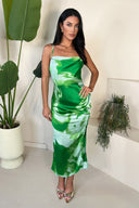 Green Tie Dye Print Ruched Side Strappy Midi Dress