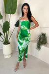 Green Tie Dye Print Ruched Side Strappy Midi Dress