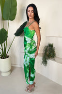 Green Tie Dye Print Ruched Side Strappy Midi Dress