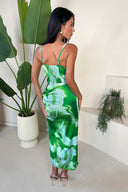 Green Tie Dye Print Ruched Side Strappy Midi Dress