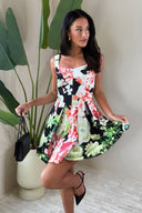 Multi Floral Print Sweetheart Neckline Bubble Hem Mini Dress