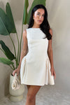 Cream Round Neck Pleated Hip Mini Dress