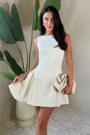 Cream Round Neck Pleated Hip Mini Dress