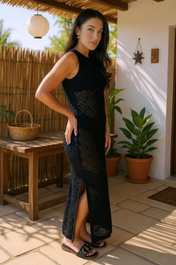 Black Crochet Knit Split Leg Midi Dress