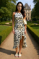 Black and Cream Leopard Print High Low Frill Hem Midi Dress