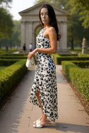 Black and Cream Leopard Print High Low Frill Hem Midi Dress