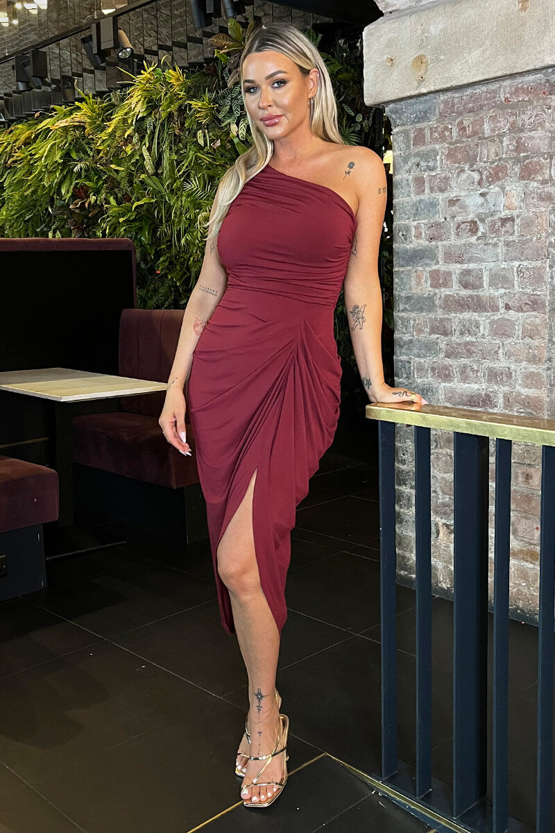 Burgundy One Shoulder Gathered Skirt Midi Dress AX Paris Burgundy One Shoulder Gathered Skirt Midi Dress AX Paris