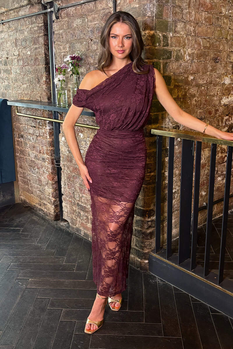 Plum Lace Overlay Off The Shoulder Midi Dress AX Paris Plum Lace Overlay Off The Shoulder Midi Dress AX Paris