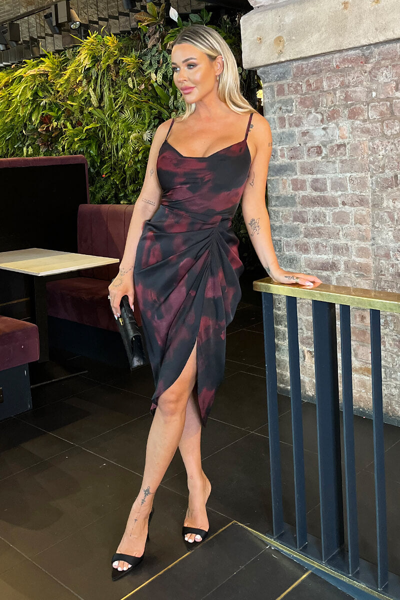Burgundy And Black Smudge Print Strappy Gathered Skirt Midi Dress AX Paris Burgundy And Black Smudge Print Strappy Gathered Skirt Midi Dress AX Paris