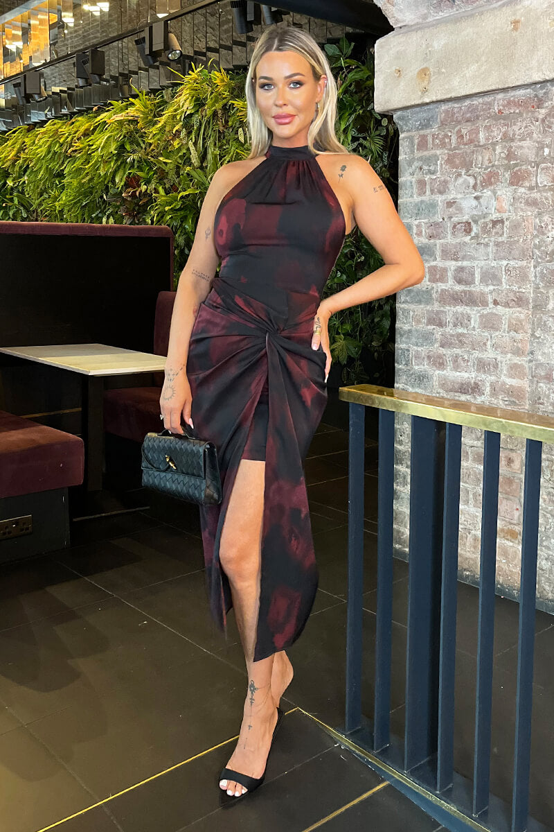 Burgundy And Black Smudge Print Halter Neck Knot Skirt Midi Dress 8 Burgundy And Black Smudge Print Halter Neck Knot Skirt Midi Dress 8