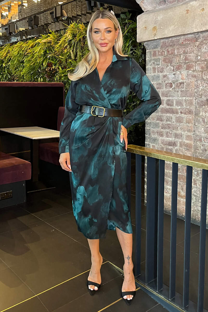 Teal And Black Smudge Print Belted Wrap Midi Shirt Dress AX Paris Teal And Black Smudge Print Belted Wrap Midi Shirt Dress AX Paris