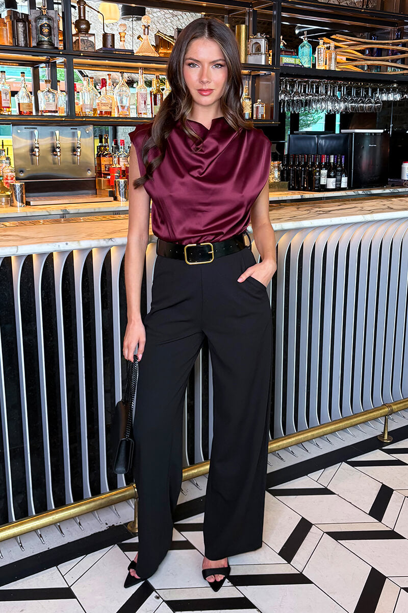 Dark Plum in Draped Neck Belted Wide Leg Jumpsuit – AX Paris