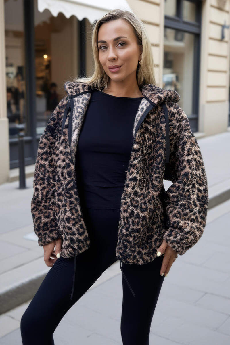 Leopard Print Drawstring Hooded Teddy Jacket – AX Paris