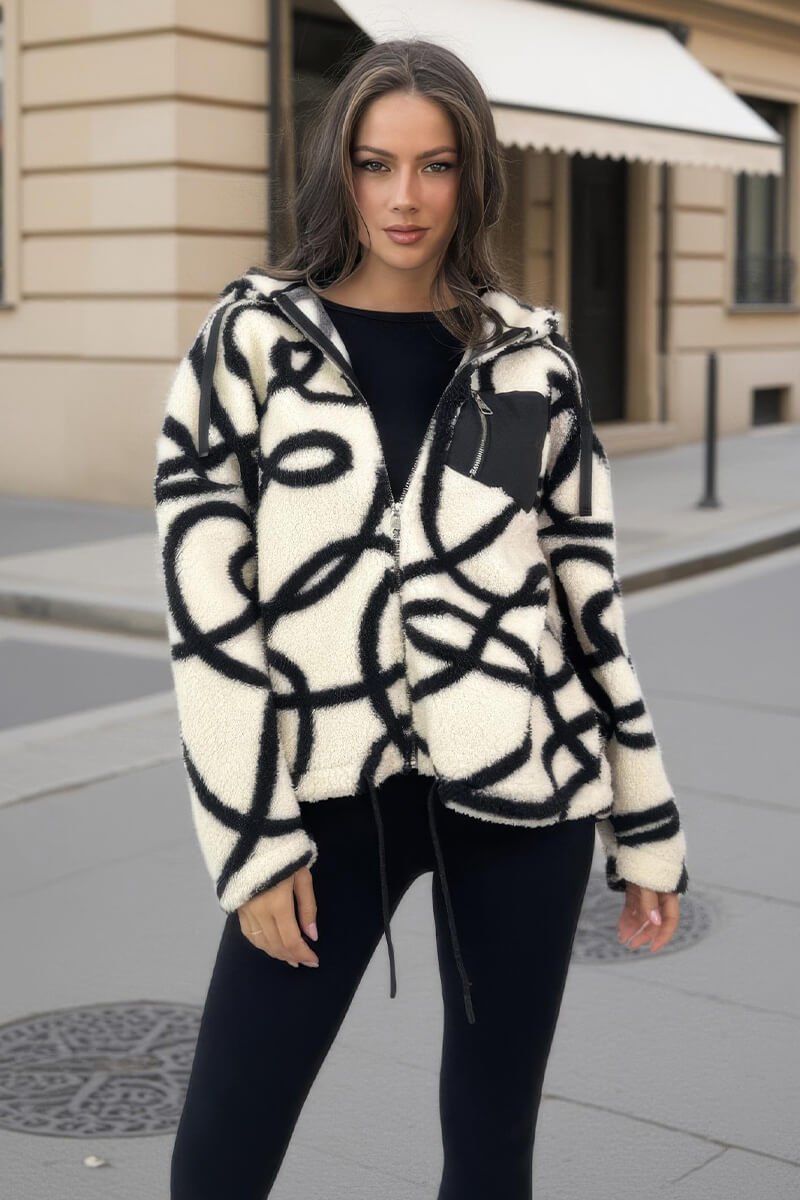 Cream And Black Swirl Pocket Detail Hooded Teddy Jacket – AX Paris