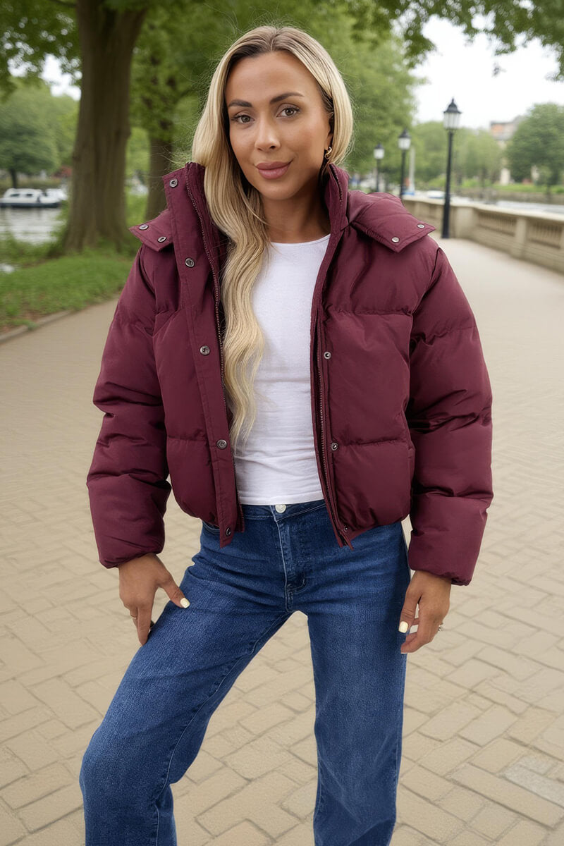 Burgundy Hooded Short Puffer Coat – AX Paris