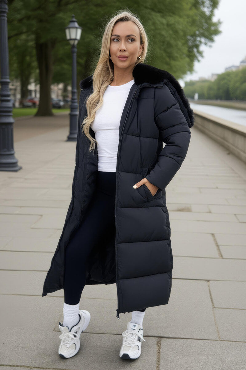 2024AW✨エンフォルド　PANEL PADDED-COAT 38 Ax Paris Belted Padded Coat With Hood Black Long Puffer Coat – AX
