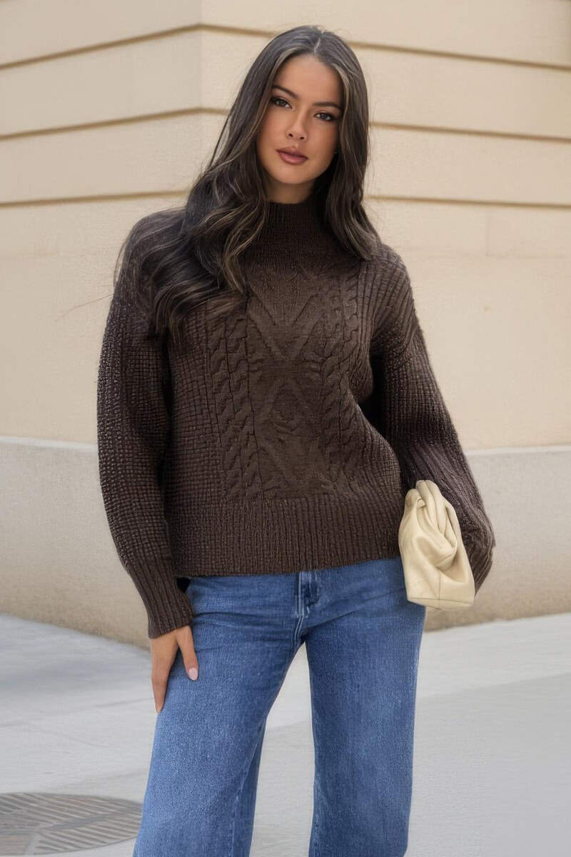 Chocolate Mock Neck Cable Knit Jumper – AX Paris