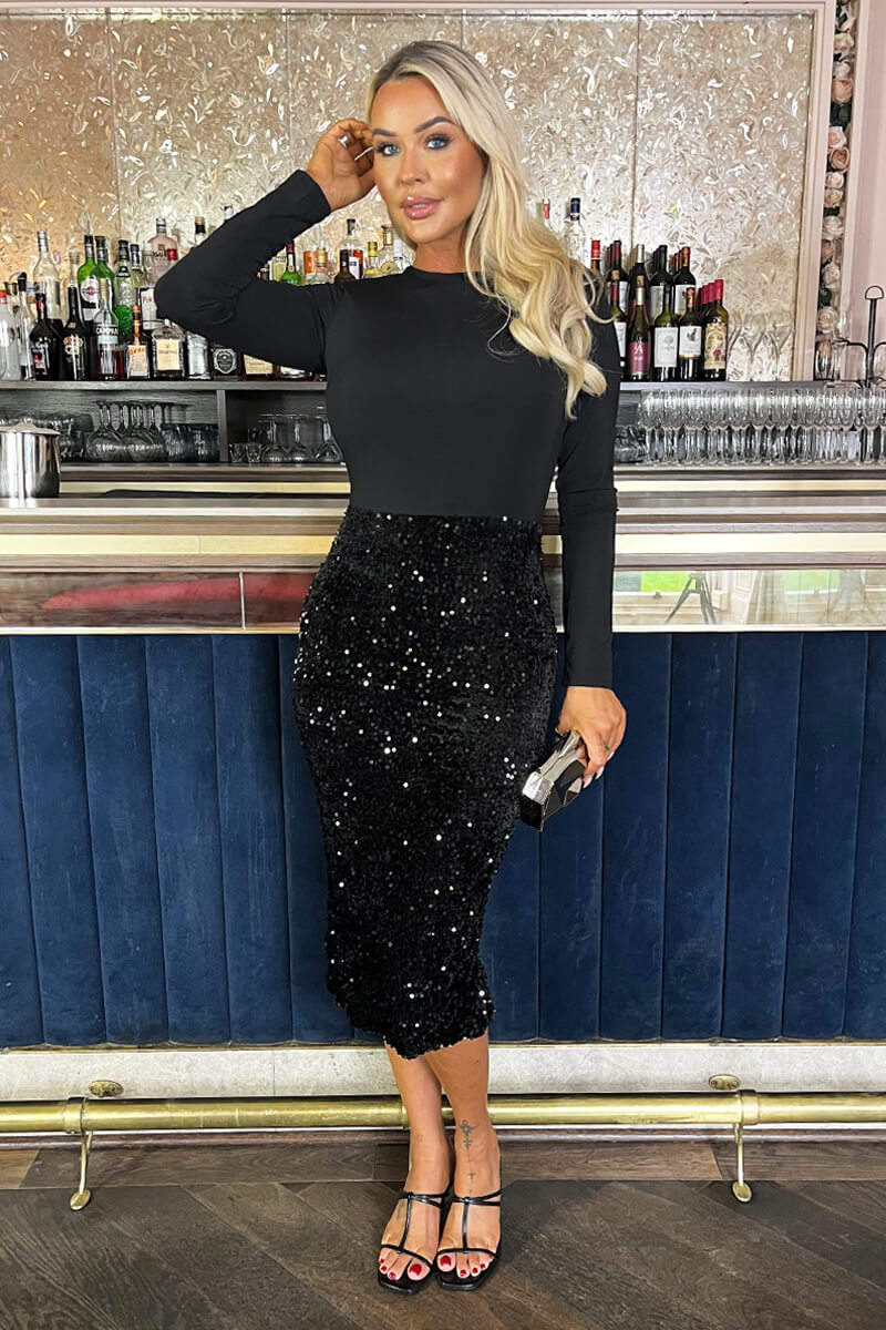 Long Sleeve Black Velvet Midi Bodycon Skirt Black Velvet Sequin In Long Sleeve Midi Dress AX Long Sleeve Black Velvet Midi Bodycon Skirt Black Velvet Sequin In Long Sleeve Midi Dress AX