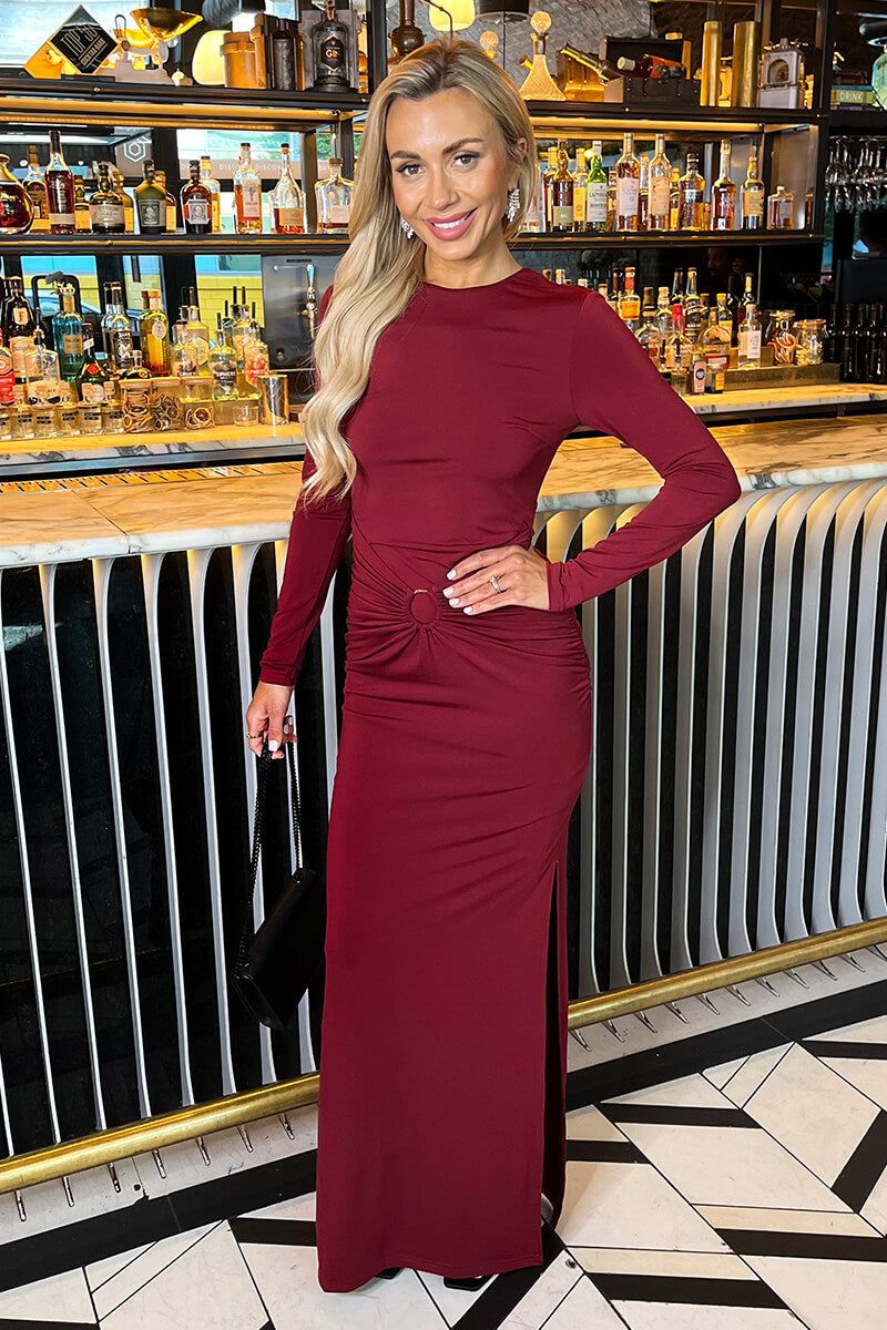 Burgundy Long Sleeve O-Ring Detail Bodycon Midi Dress AX Paris Burgundy Long Sleeve O-Ring Detail Bodycon Midi Dress AX Paris
