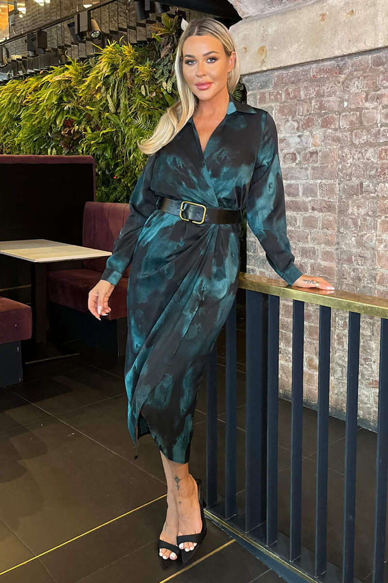 Teal And Black Smudge Print Belted Wrap Midi Shirt Dress  AX Paris
