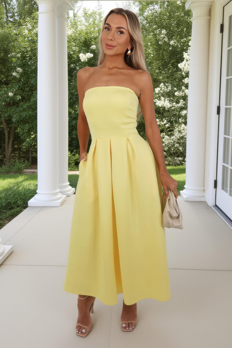 Soft Yellow Bandeau A-Line Skirt Midi Dress AX Paris Soft Yellow Bandeau A-Line Skirt Midi Dress AX Paris