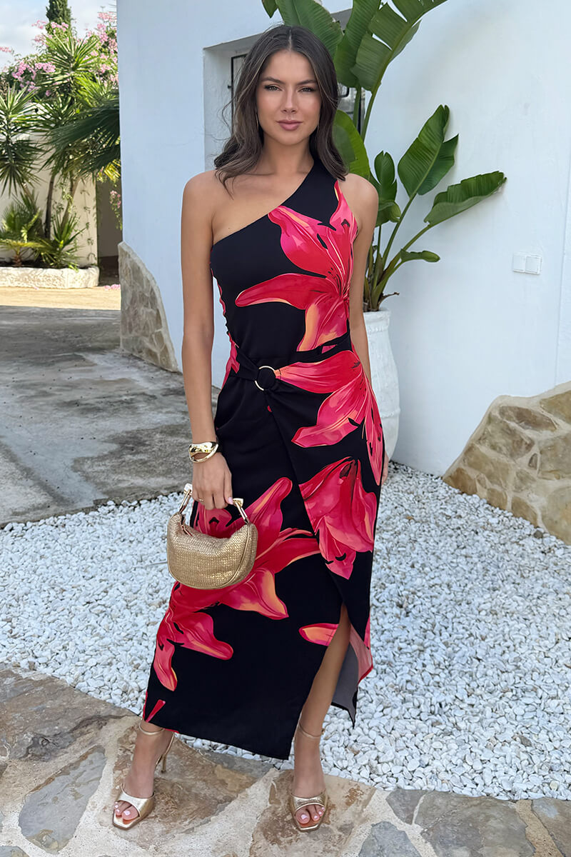 Black And Coral Red Floral Print One Shoulder O-Ring Midi Dress AX Paris Black And Coral Red Floral Print One Shoulder O-Ring Midi Dress AX Paris
