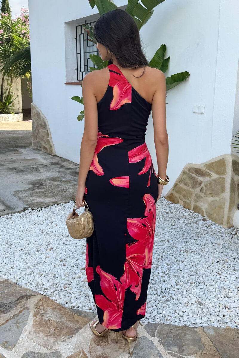 Black And Coral Red Floral Print One Shoulder O-Ring Midi Dress AX Paris Black And Coral Red Floral Print One Shoulder O-Ring Midi Dress AX Paris