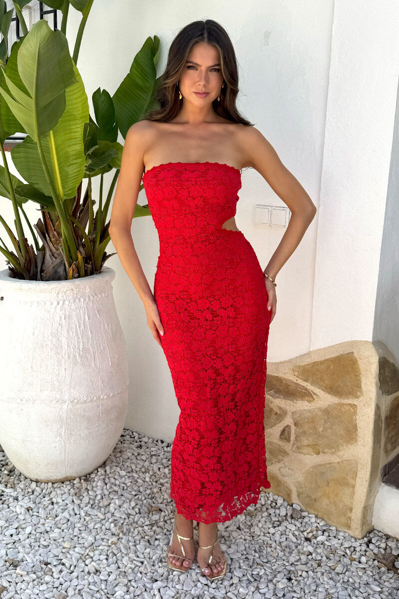 bandeau asymmetric draped midi dress in red Draped asymmetric midi dress in red - Ganni