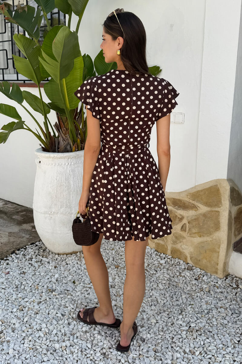 Chocolate Polka Dot Print Wrap Top Skater Mini Dress 8 Chocolate Polka Dot Print Wrap Top Skater Mini Dress 8