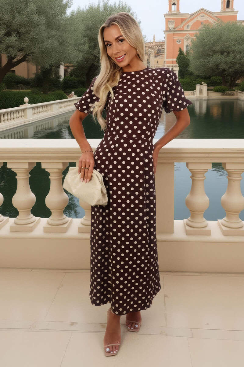 Chocolate Polka Dot Print Puff Sleeve Midi Dress – AX Paris