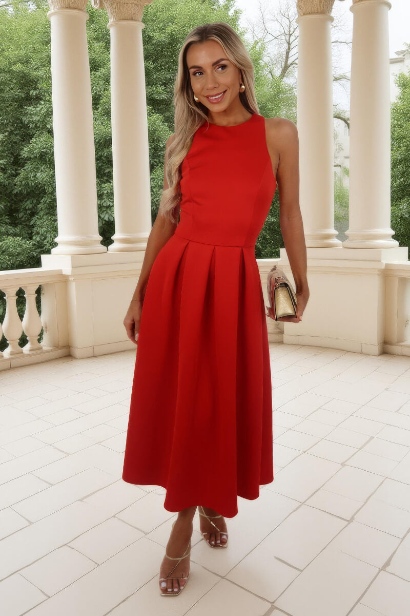 Blood Orange Racer Neck Pleated Skirt Midi Dress – AX Paris