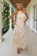 Blush Floral Embroidered Chiffon One Shoulder Midi Dress – AX Paris