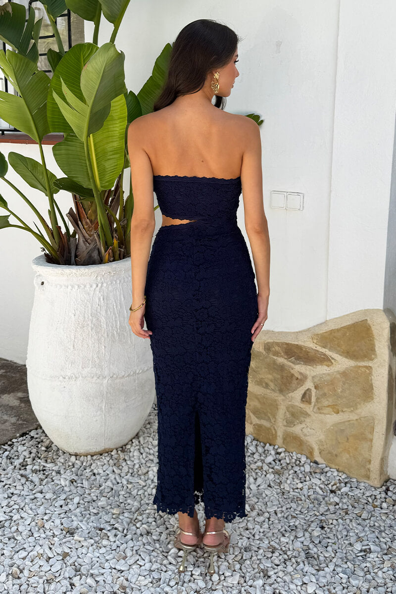 Navy Embroidered Overlay Bandeau Cut Out Midi Dress AX Paris Navy Embroidered Overlay Bandeau Cut Out Midi Dress AX Paris