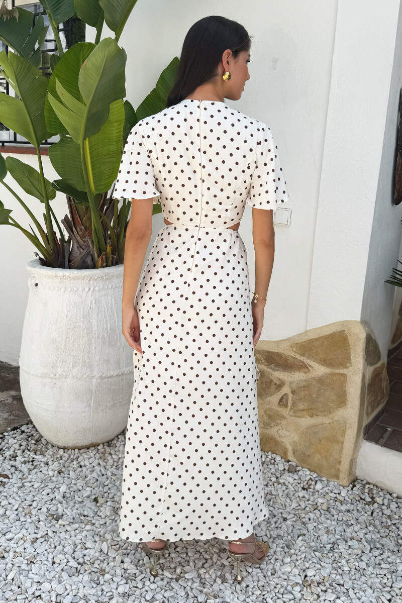 Cream And Brown Polka Dot Cut Out Knot Detail Midi Dress AX Paris Cream And Brown Polka Dot Cut Out Knot Detail Midi Dress AX Paris