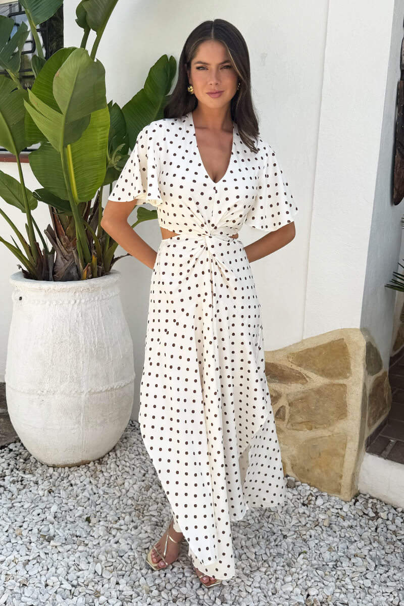 Cream And Brown Polka Dot Cut Out Knot Detail Midi Dress – AX Paris