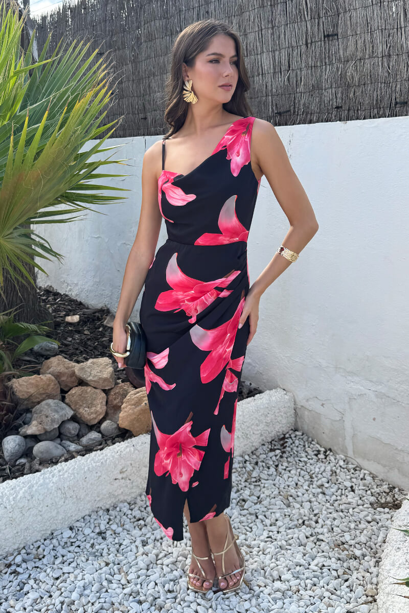 Black And Cerise Floral Print Strap Detail Cowl Midi Dress – AX Paris