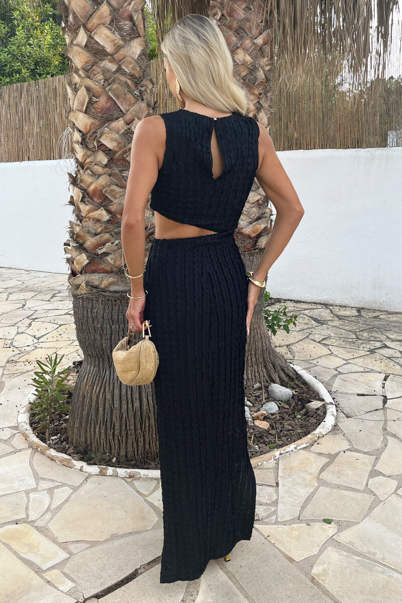 Black Textured Side Waist Cut Out Midi Dress AX Paris Black Textured Side Waist Cut Out Midi Dress AX Paris