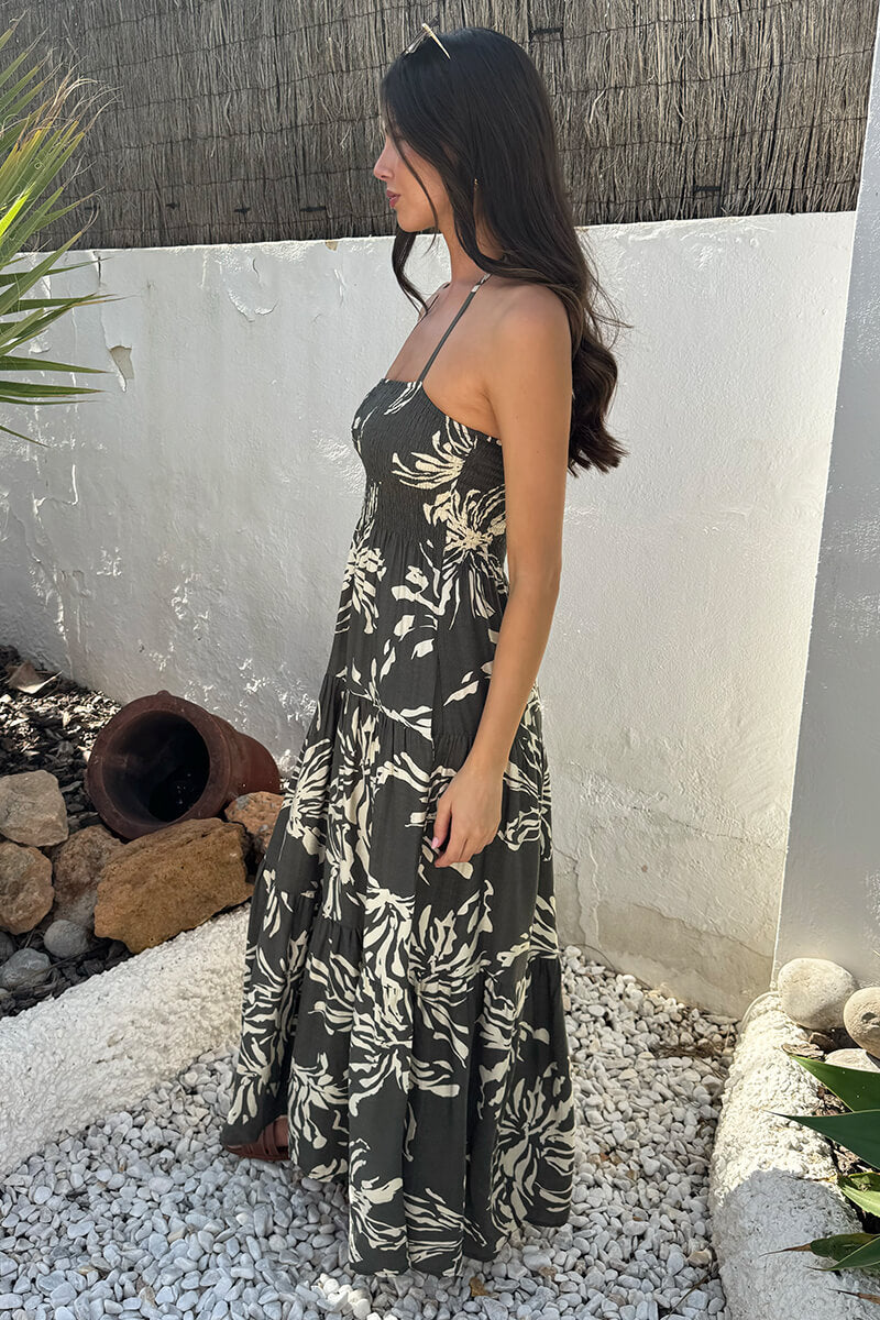 Khaki Abstract Floral Print Tie Neck Smock Midi Dress – AX Paris