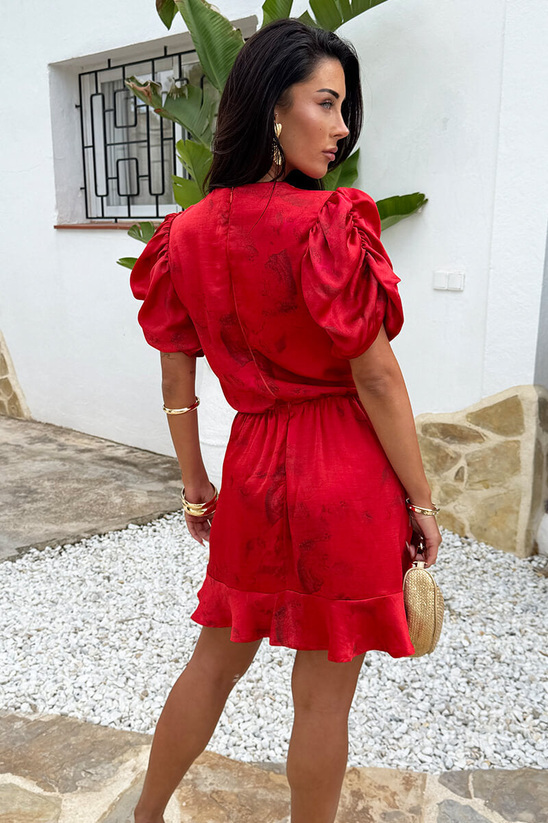 Red Smudge Print Puff Sleeve Frill Hem Mini Dress AX Paris Red Smudge Print Puff Sleeve Frill Hem Mini Dress AX Paris