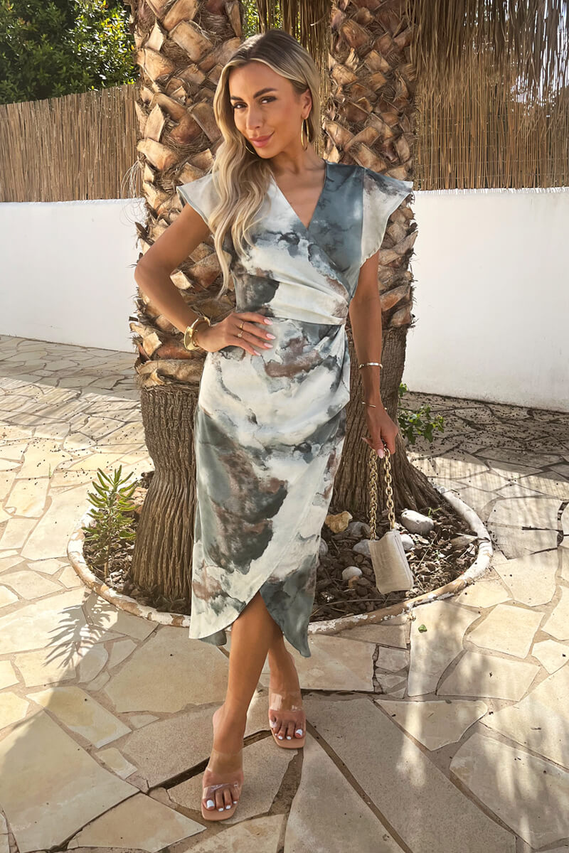 Duck Egg Marble Print Flutter Sleeve Wrap Midi Dress – AX Paris