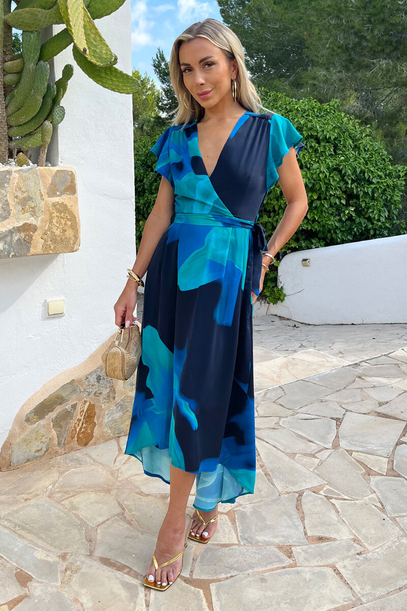 Navy Bold Floral Print Flutter Sleeve Belted Wrap Midi Dress AX Paris Navy Bold Floral Print Flutter Sleeve Belted Wrap Midi Dress AX Paris