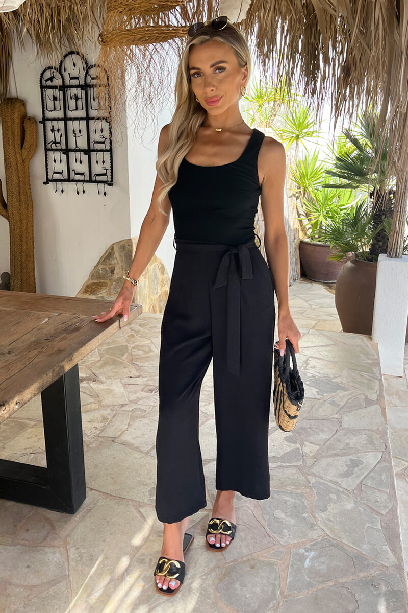 Black Ribbed Top Scoop Neck Tie Waist Jumpsuit – AX Paris