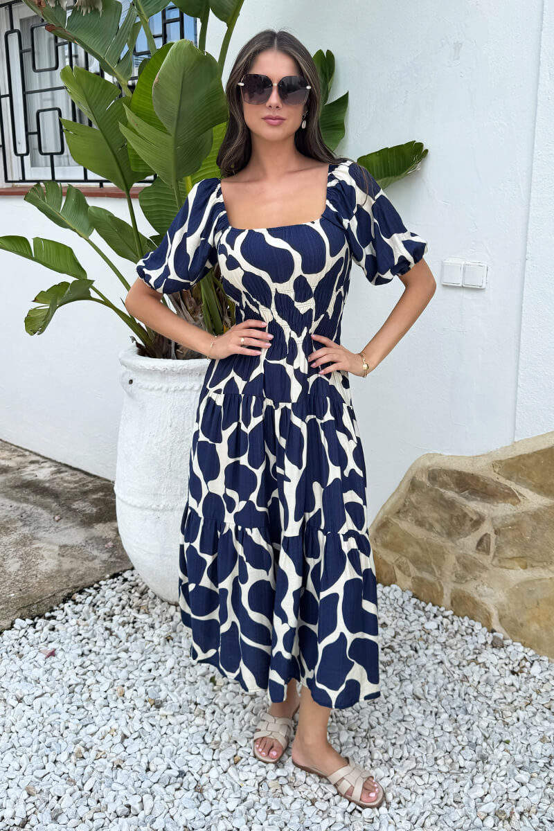 Navy and Cream Abstract Print Puff Sleeve Smock Midi Dress – AX Paris