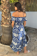 Blue Palm Tree Print Bardot Frill Hem Midi Dress 8