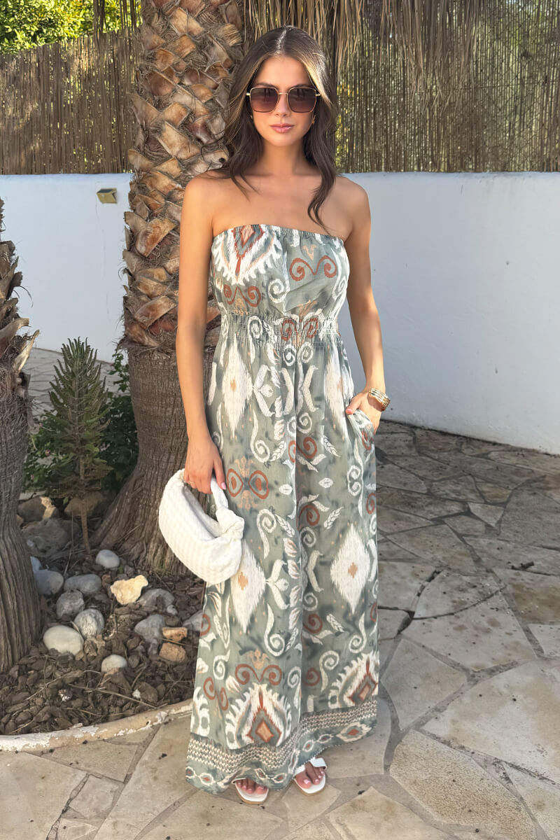 Multi Boho Print Strapless Shirred Waist Midi Dress 8
