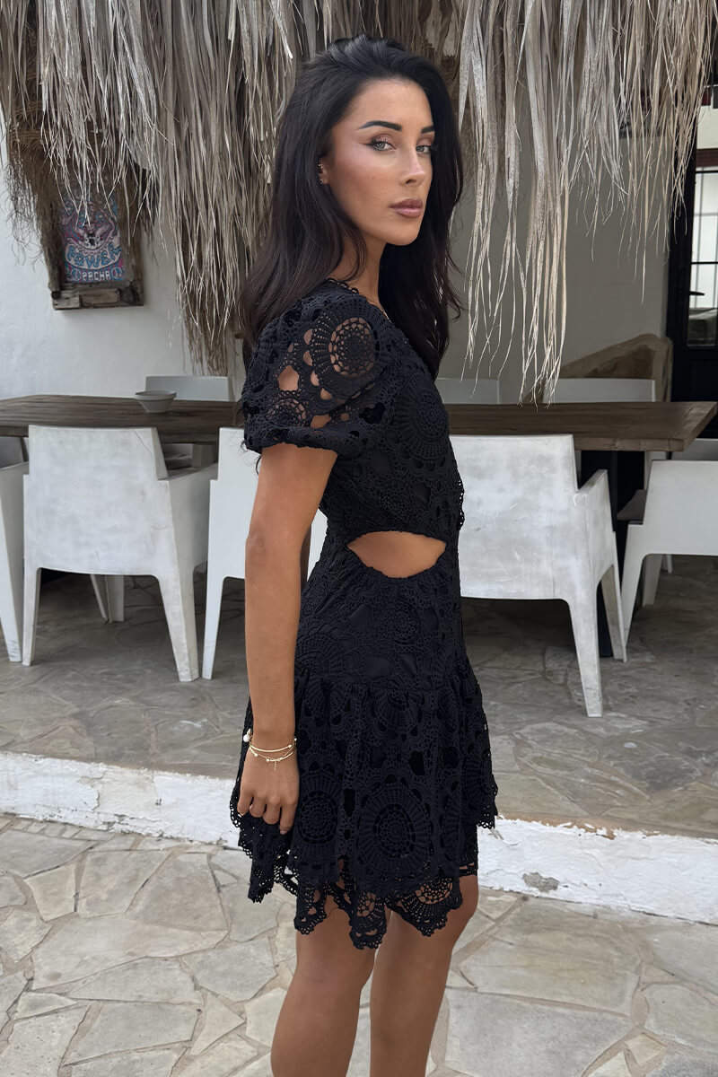 AX Paris Women's Black Crochet Overlay Cut Out Tiered Mini Dress