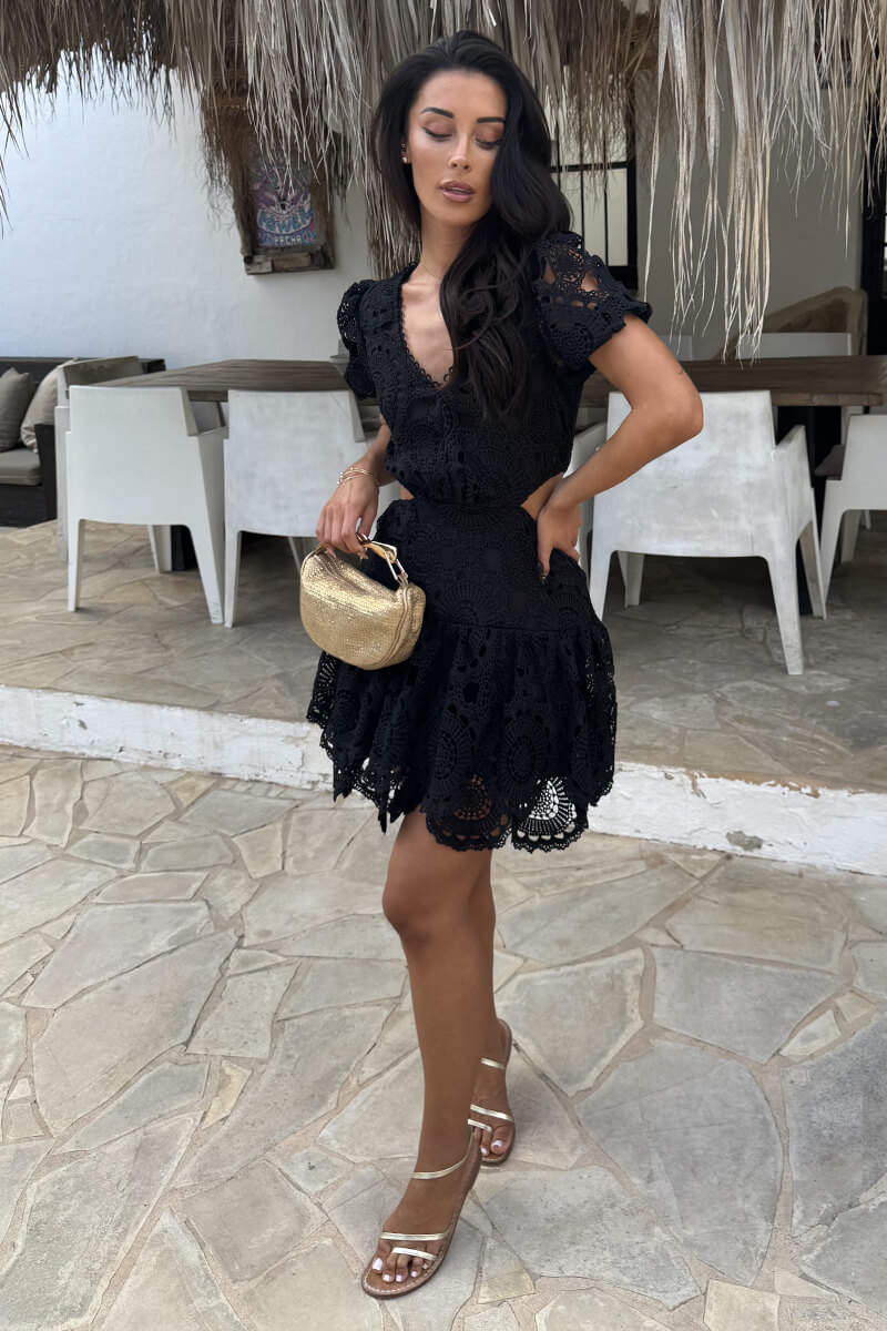 Black Crochet Overlay Cut Out Tiered Mini Dress AX Paris Black Crochet Overlay Cut Out Tiered Mini Dress AX Paris
