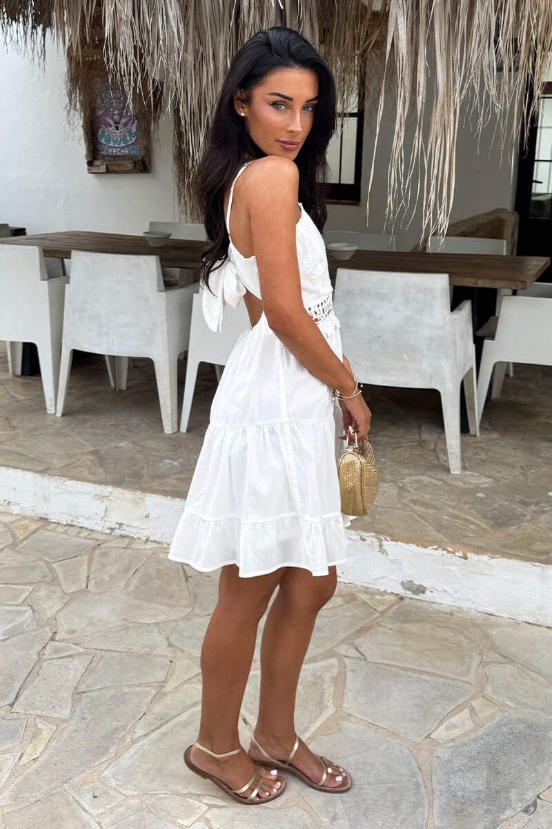 White Open Tie Back Crochet Detail Tiered Mini Dress 14
