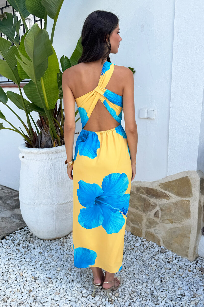 Yellow And Blue Floral Print One Shoulder Twist Back Midi Dress 10 Yellow And Blue Floral Print One Shoulder Twist Back Midi Dress 10