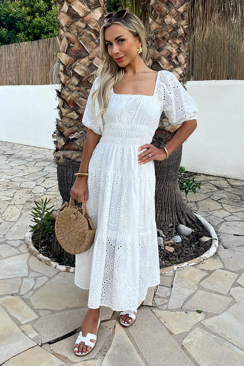 White Broderie Puff Sleeve Smock Midi Dress – AX Paris